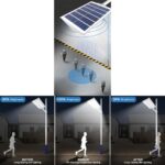 LED Solar street light with an illustration of its 3 motion sensor lighting modes